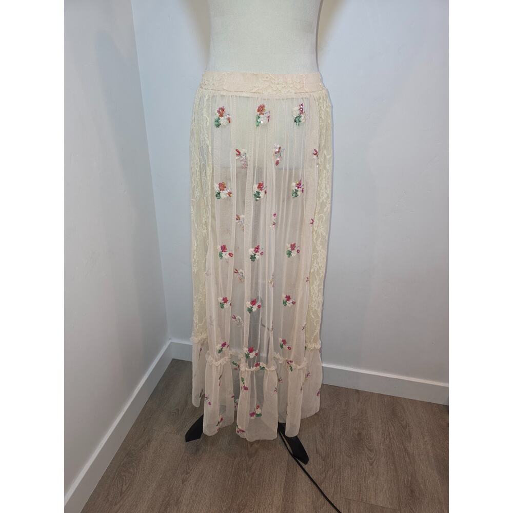 Sheer Skirt Small Cream Lace Embroidery Floral Whimsical Fairy Festival Keilah - Picture 7 of 10